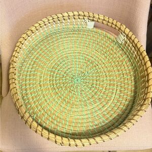 Handwoven Natural and Mint Wicker Tray